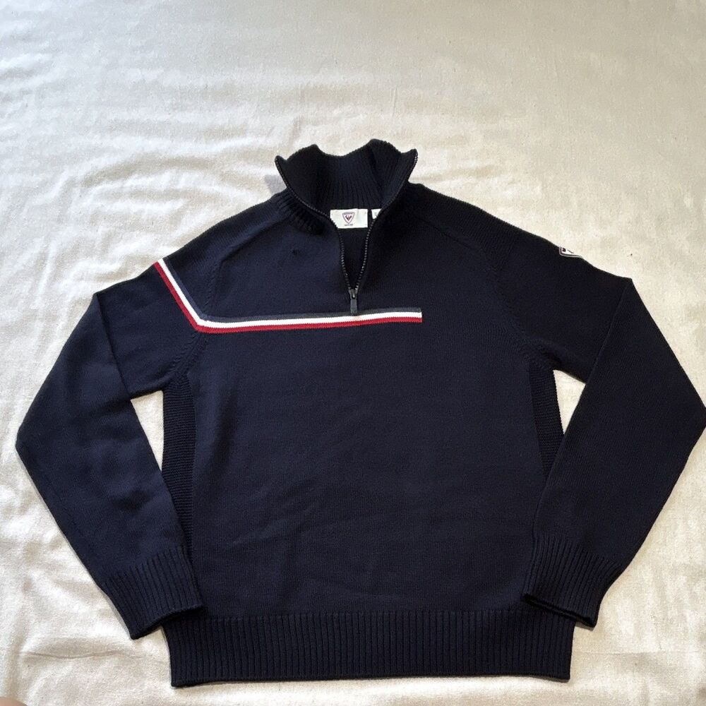 Rossignol Men’s Navy Blue Striped Knit Pullover Sweater 1/4 Zip High Neck M